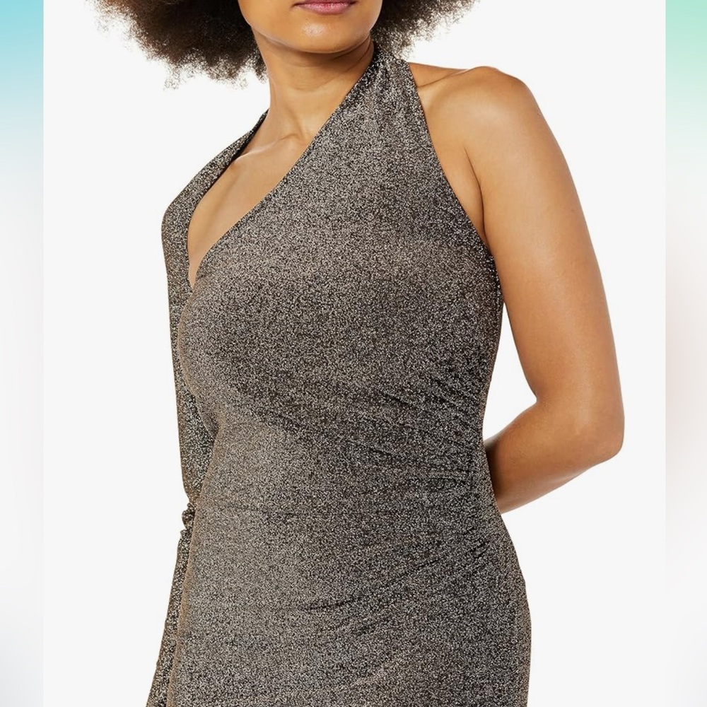 NWT TEREA Womens Nola One Shoulder Gold Metallic Sparkle Midi Dress Size XL - Picture 2 of 8